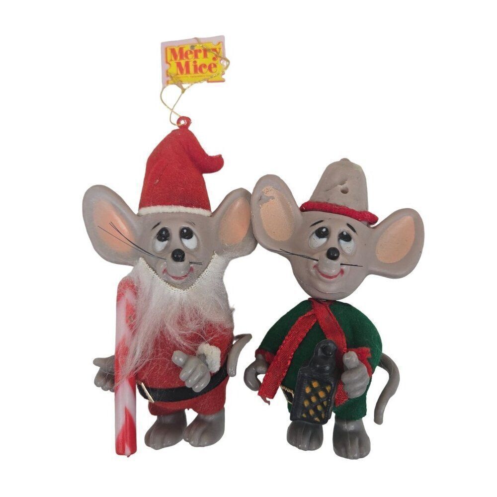 Vintage 70s Merry Mice Santa Elf Figurines Christmas Decor Ornaments Jasco
